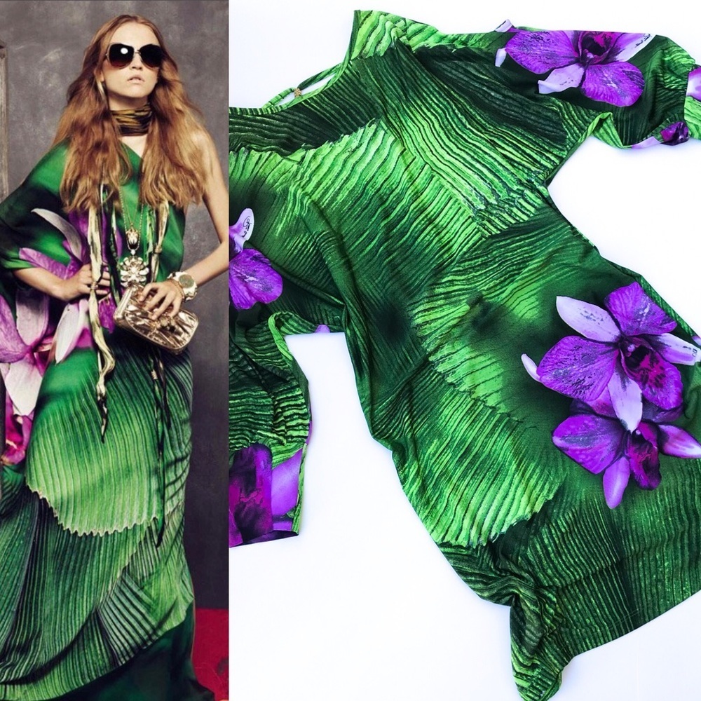 Vintage Runway & Magazine Roberto Cavalli Purple & Green Floral Dress XL - Picture 2 of 10